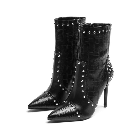 Ankle Boots Studded Stiletto High Heel Pointed Toe Booties - Picture 4 of 6